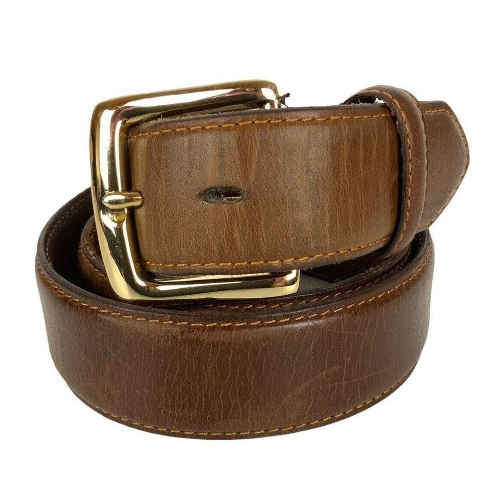 3D Western Belt Mens Size 36 Brown Genuine Leather Goldtone Buckle Cowboy Rodeo